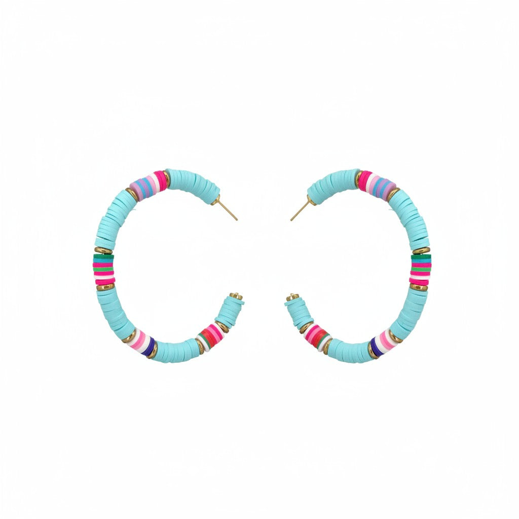 Blue Rainbow Heishi Bead Open Hoop Earrings