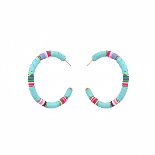 Blue Rainbow Heishi Bead Open Hoop Earrings