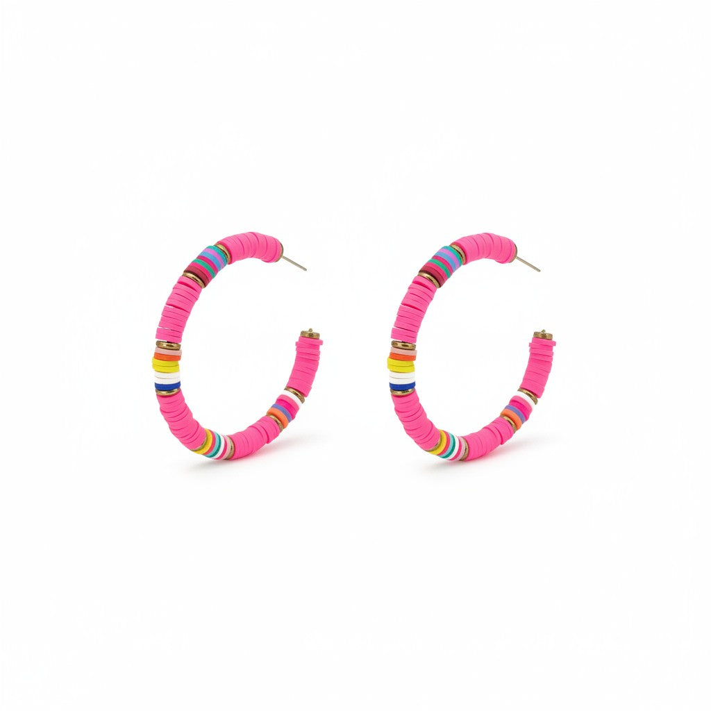 Pink Rainbow Heishi Bead Open Hoop Earrings
