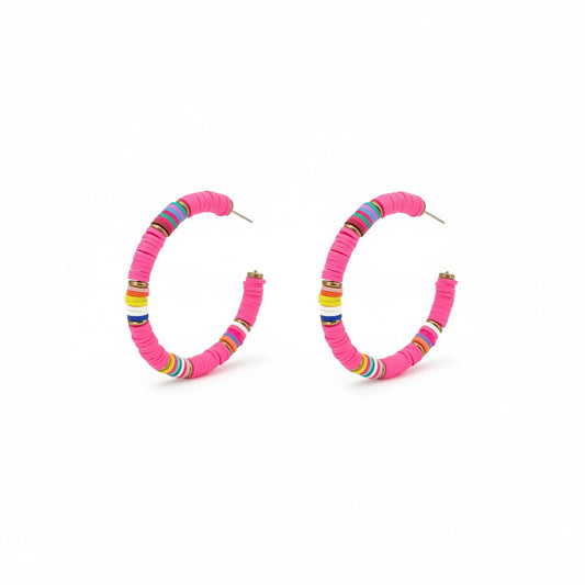 Pink Rainbow Heishi Bead Open Hoop Earrings