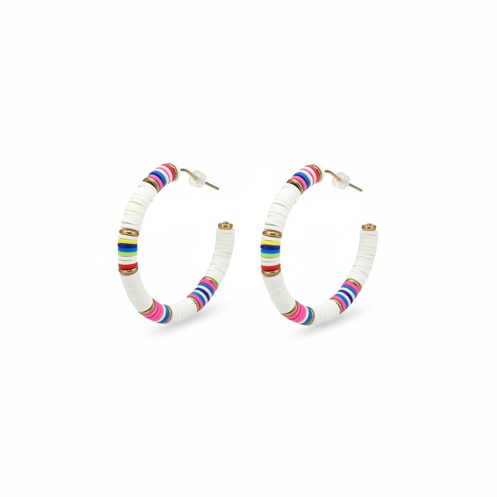 White Rainbow Heishi Bead Open Hoop Earrings