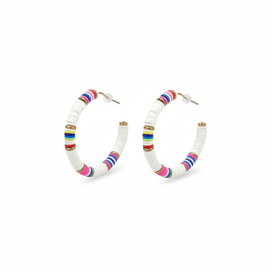 White Rainbow Heishi Bead Open Hoop Earrings