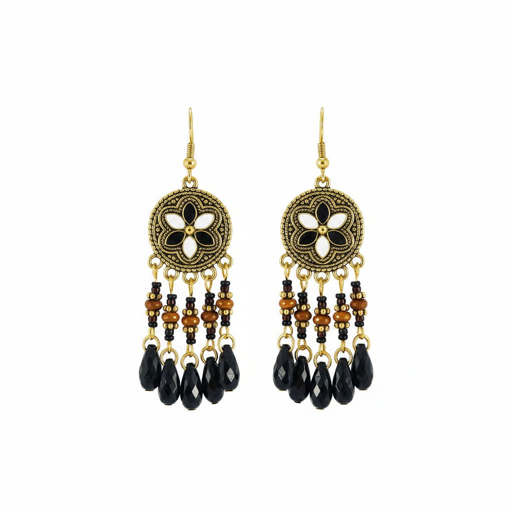Black Retro Bohemian Flower Dangle Earrings