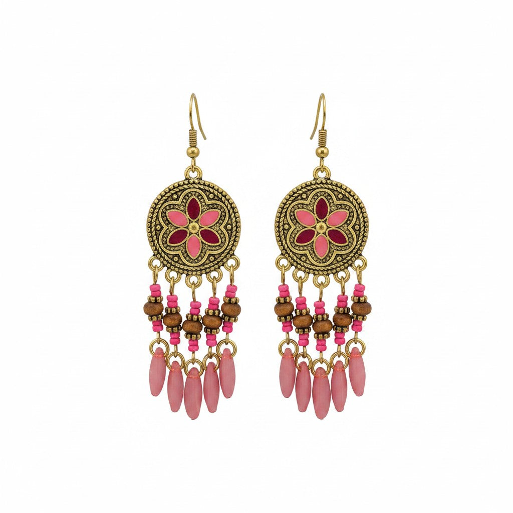 Pink Retro Bohemian Flower Dangle Earrings
