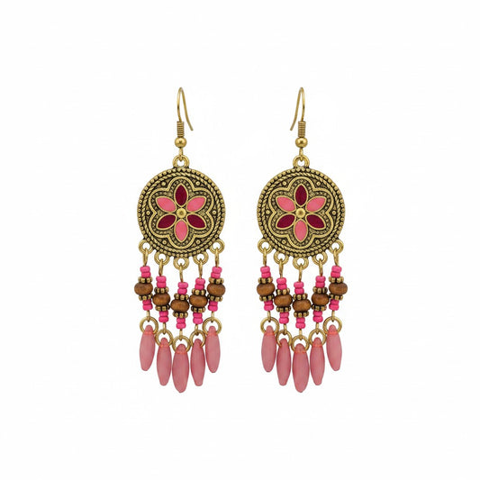 Pink Retro Bohemian Flower Dangle Earrings