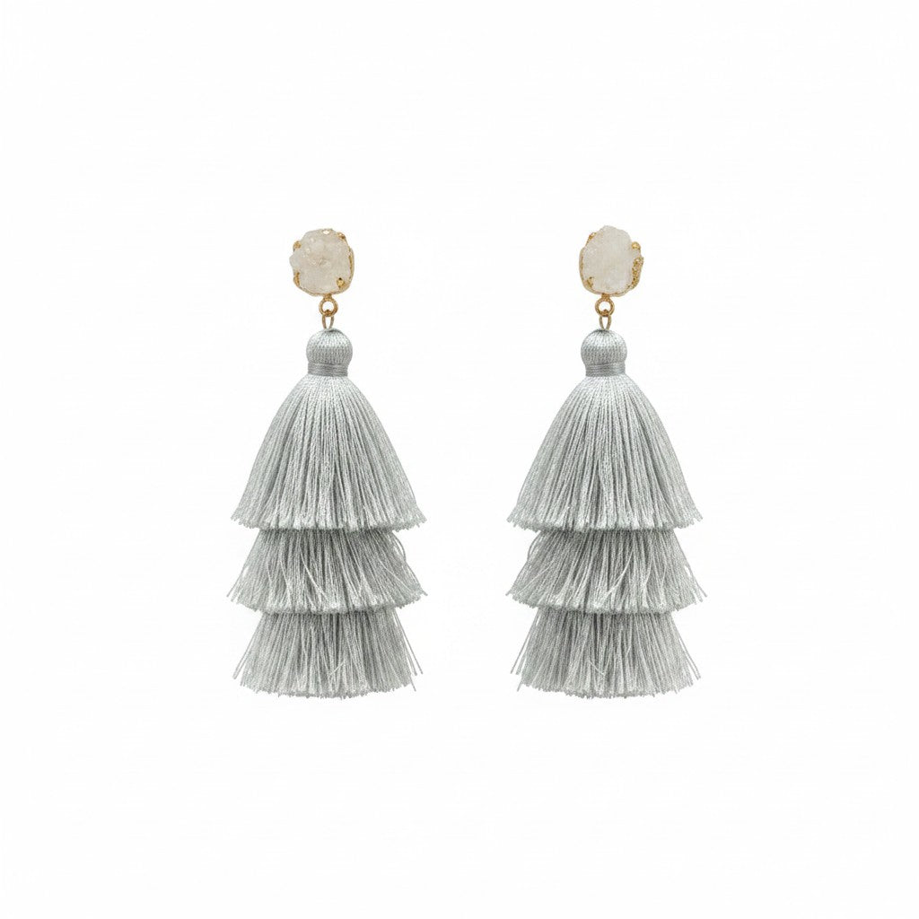 Light Gray Druzy Resin Triple Layer Tassel Stud Earrings
