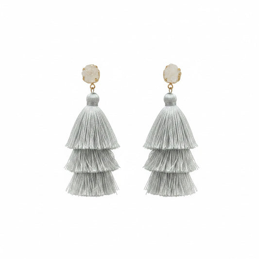 Light Gray Druzy Resin Triple Layer Tassel Stud Earrings