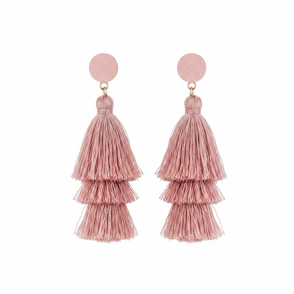 Rose Druzy Resin Triple Layer Tassel Stud Earrings