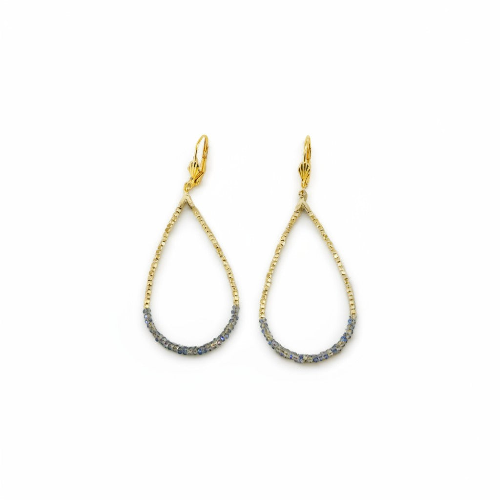 Gold and Blue Gray Glass Bead Teardrop Earrings