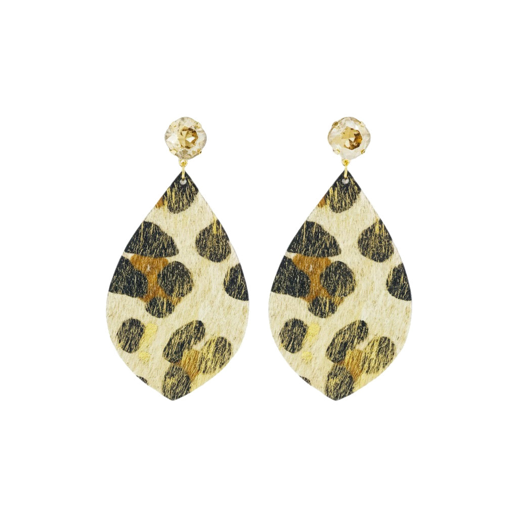 Golden Shadow Crystal & Gold Acid Wash Leopard Leather Drop Earrings