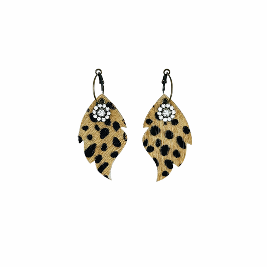 Spotted Hair-On Leather Rhinestone Hoop Earrings