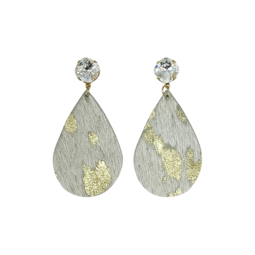 Crystal Clear & Metallic Gold Acid Wash Leather Drop Earrings