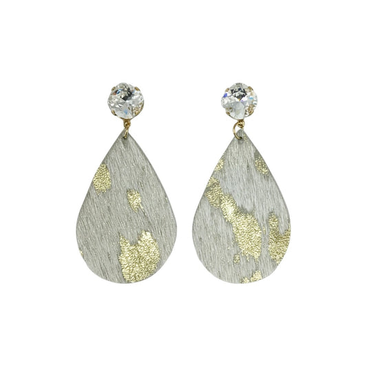 Crystal Clear & Metallic Gold Acid Wash Leather Drop Earrings