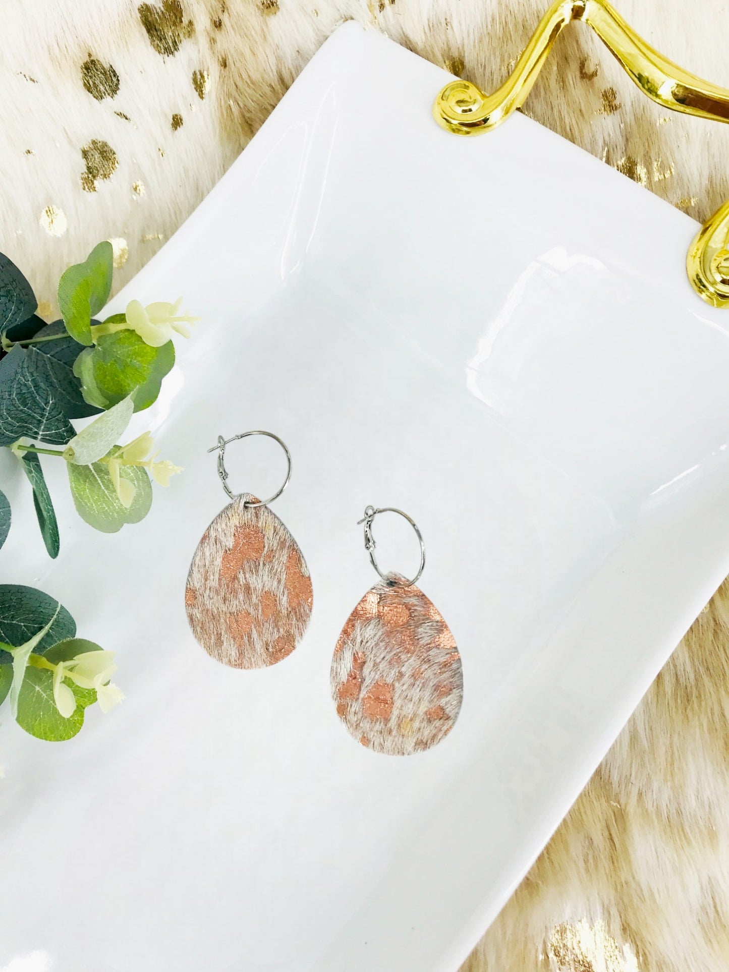 Metallic Rose Gold Hair On Leather Hoop Earrings - E19-3428