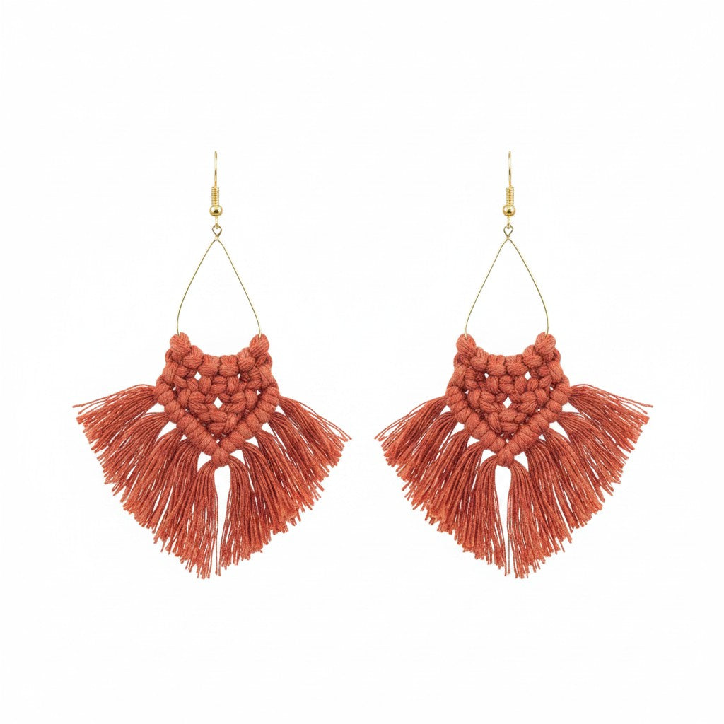 Burnt Orange Boho Macrame Tassel Earrings