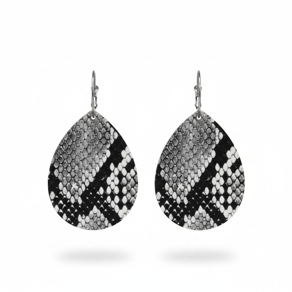 NEW TITLE: Black and White Snake Leather Hoop Earrings