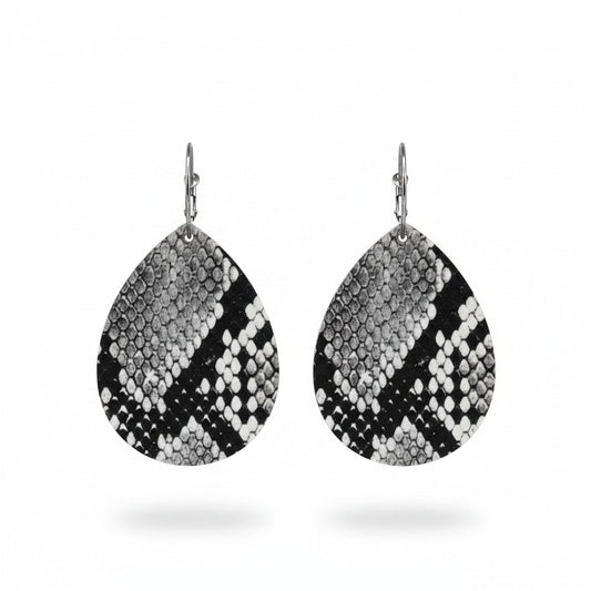NEW TITLE: Black and White Snake Leather Hoop Earrings