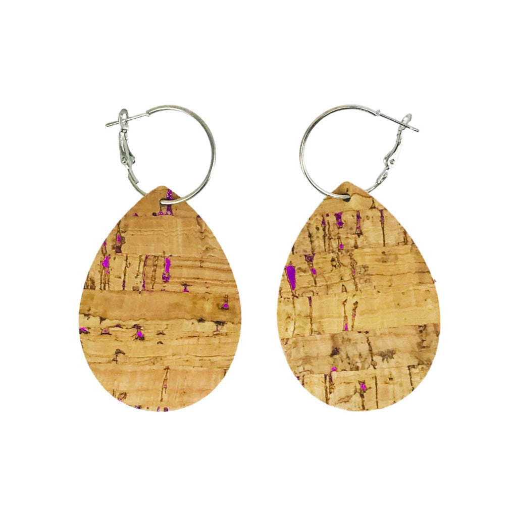 Fuchsia Speckled Cork Hoop Earrings