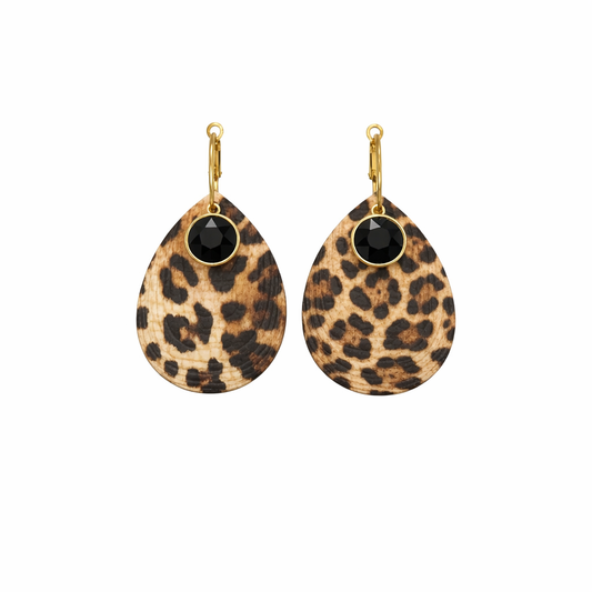 Banana Leopard Leather Black Rhinestone Hoop Earrings