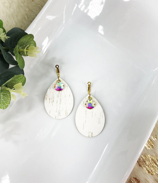White Birch Cork Leather and Rhinestone Hoop Earrings - E19-3483