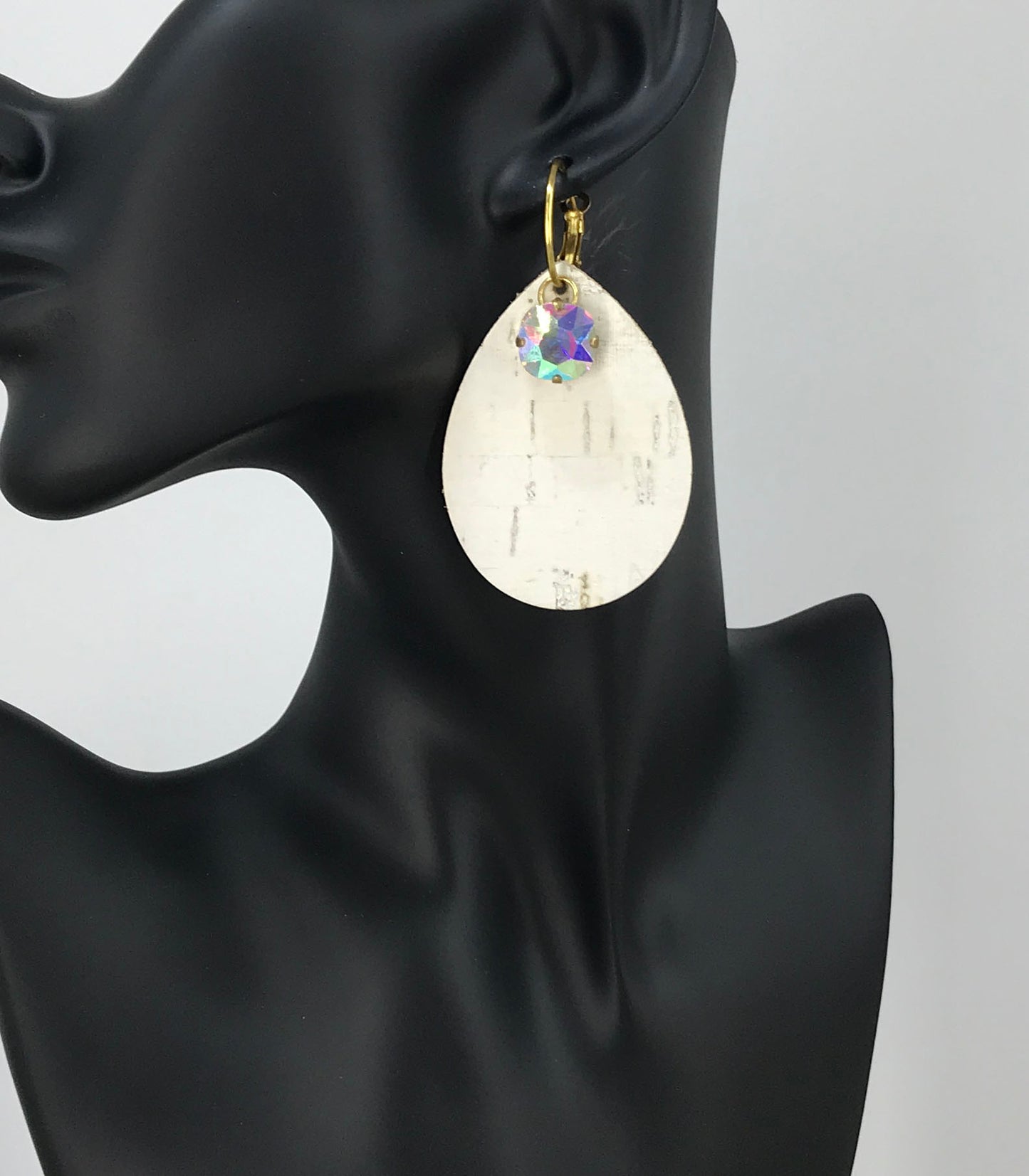 White Birch Cork Leather and Rhinestone Hoop Earrings - E19-3483
