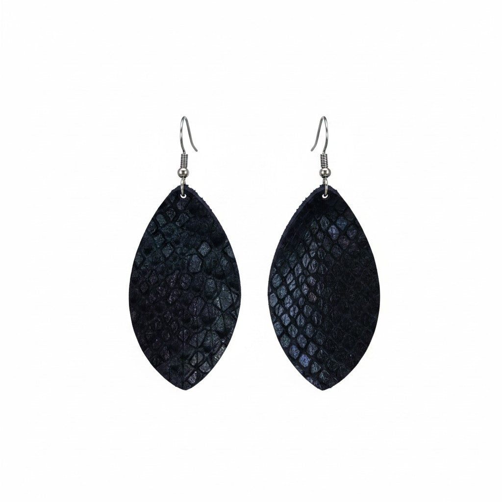 Mystic Blue and Purple Snake Leather Fringe Earrings