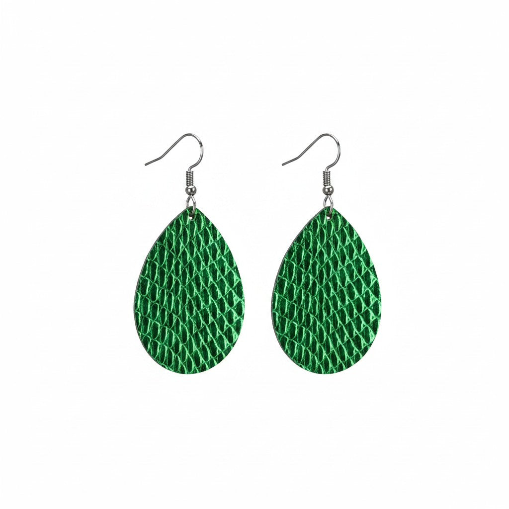 Metallic Emerald Green Snake Leather Earrings