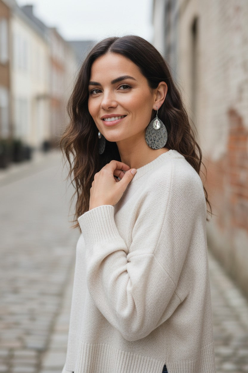 Metallic Leopard Leather and Rhinestone Earrings - E19-3538