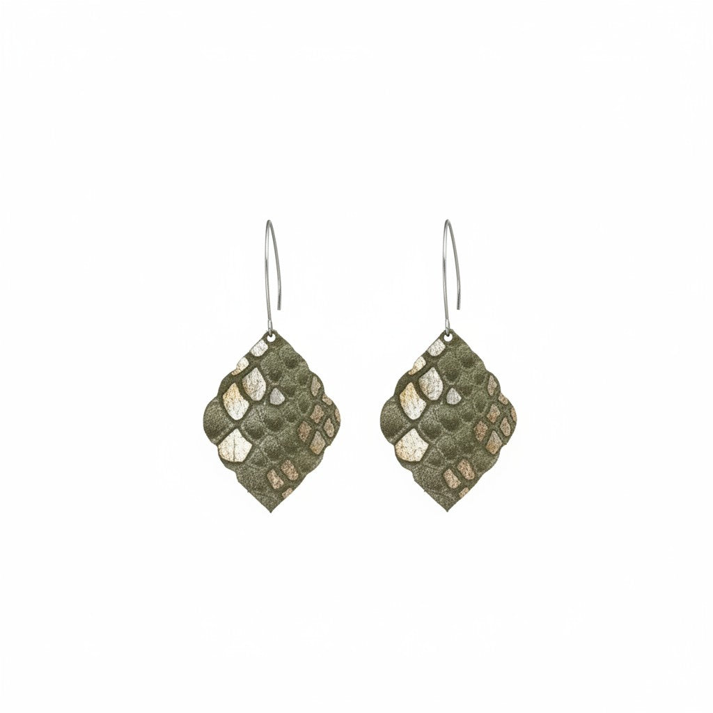 Khaki Green Snake Leather Earrings