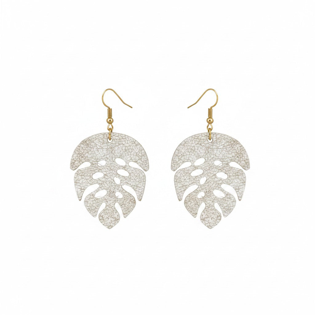 Distressed White Monstera Leaf Earrings