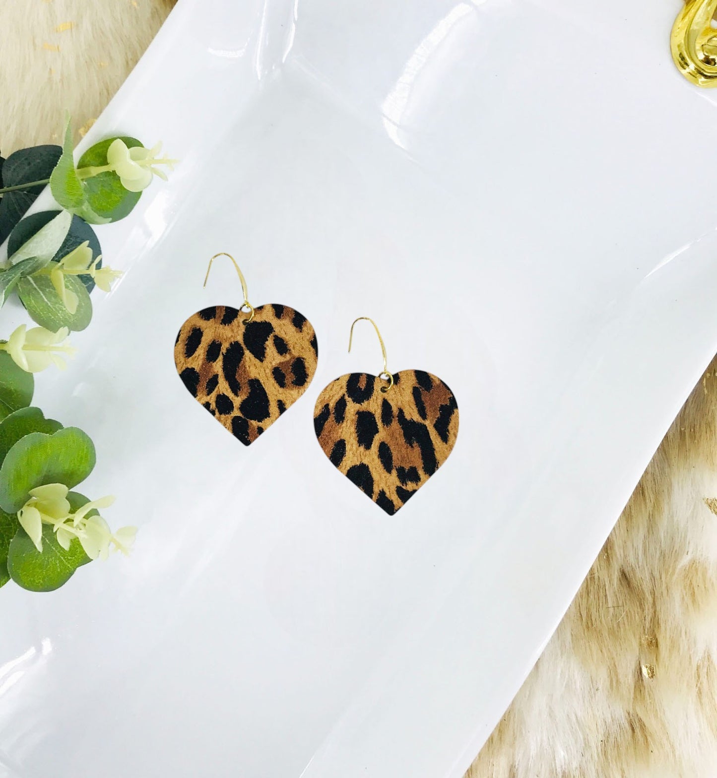 Mini Tan Cheetah Leather Heart Earrings - E19-3546