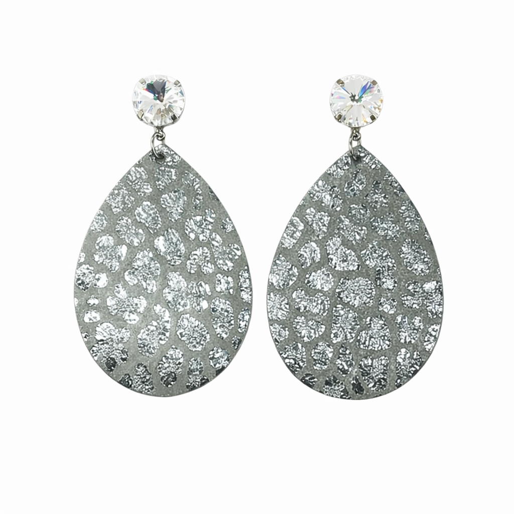 Crystal Clear & Pewter Leopard Leather Drop Earrings