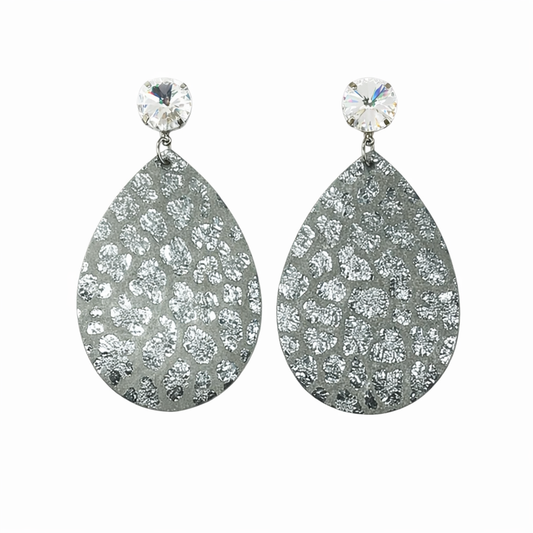 Crystal Clear & Pewter Leopard Leather Drop Earrings