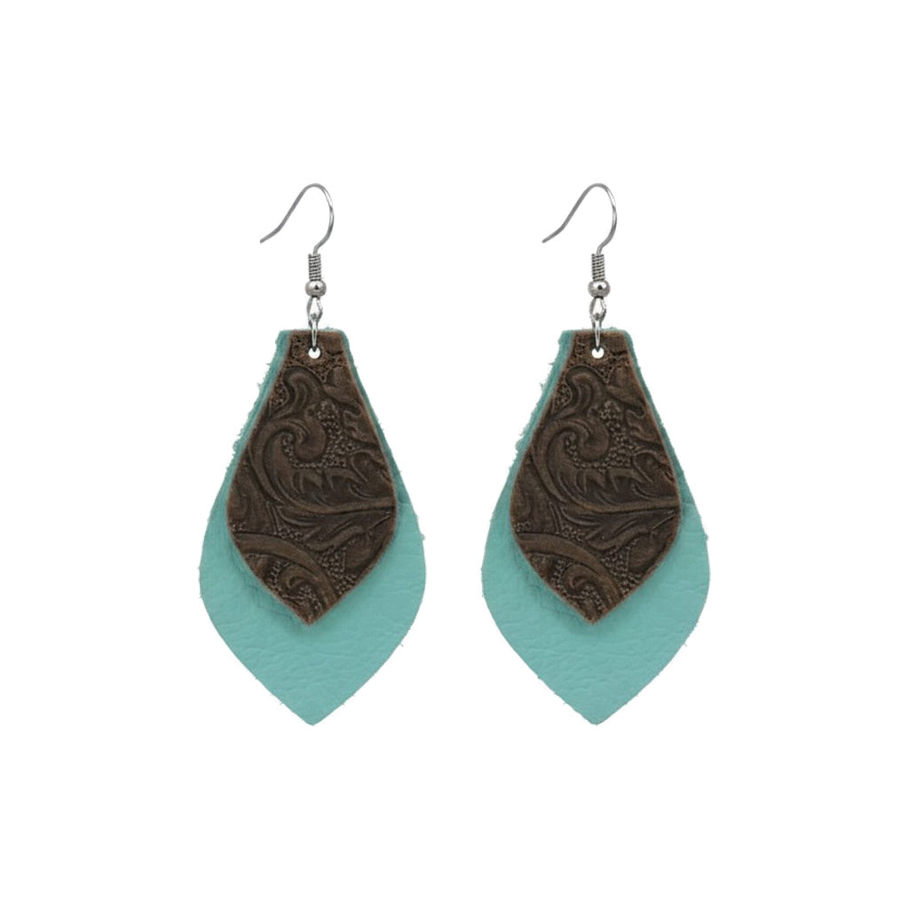 Aqua and Brown Embossed Leather Earrings - E19-362