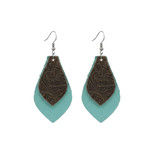 Aqua and Brown Embossed Leather Earrings - E19-362