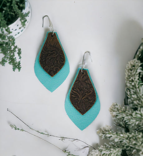 Aqua and Brown Embossed Leather Earrings - E19-362