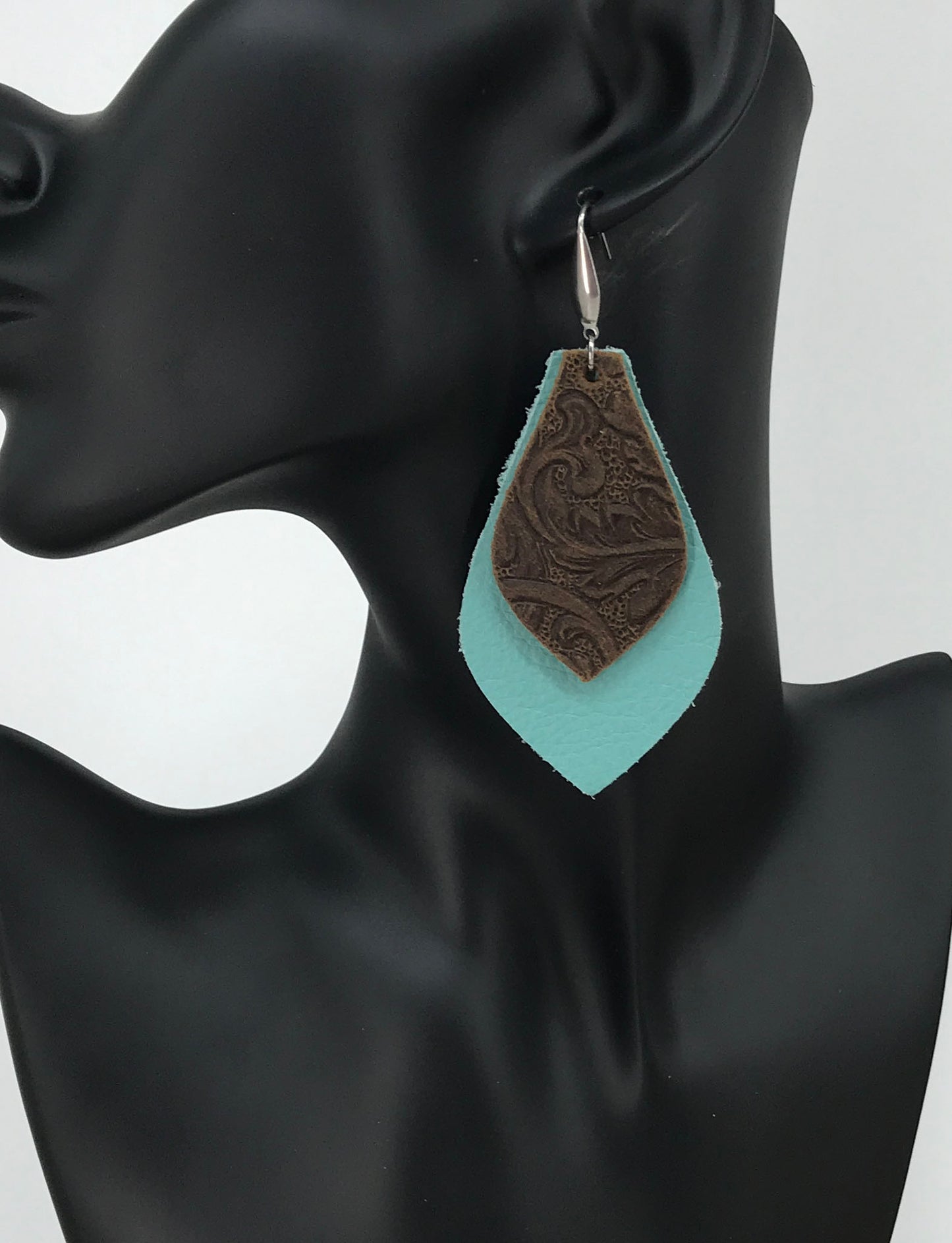 Aqua and Brown Embossed Leather Earrings - E19-362