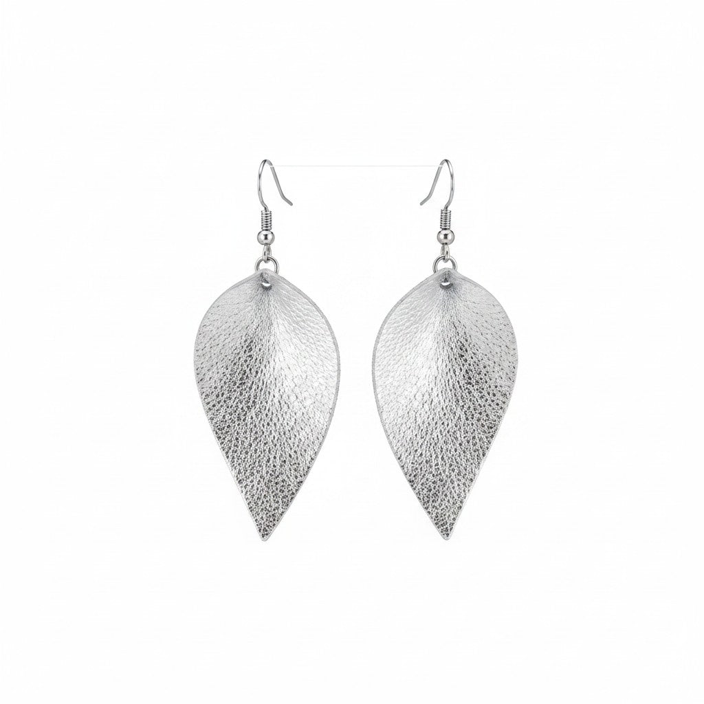 Metallic Silver Pinched Leaf Earrings