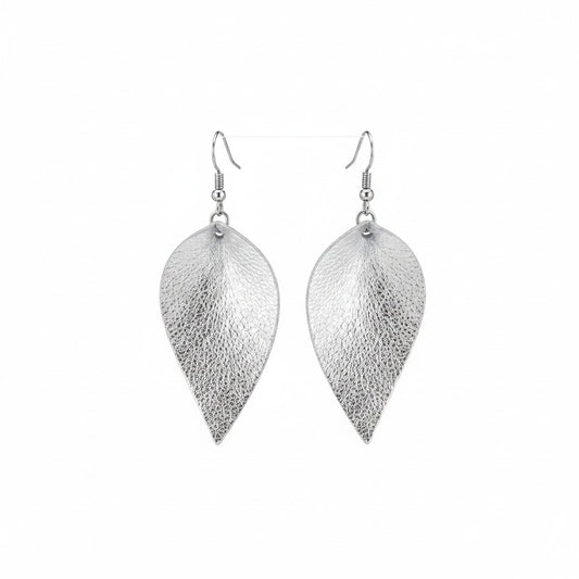 Metallic Silver Pinched Leaf Earrings