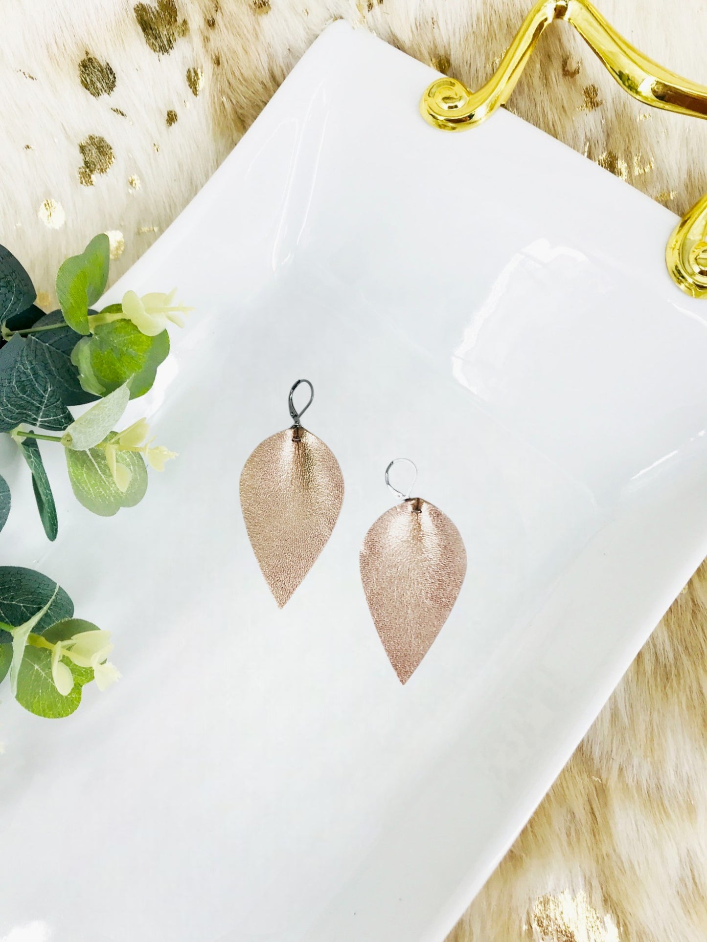 Metallic Rose Gold Pinched Leaf Leather Earrings - E19-3666
