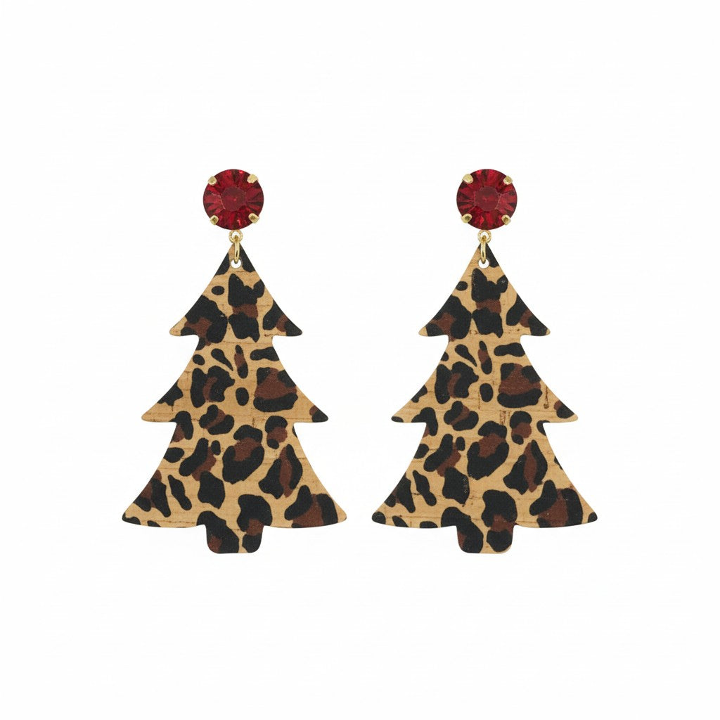 Scarlet Crystal & Cheetah Christmas Tree Drop Earrings