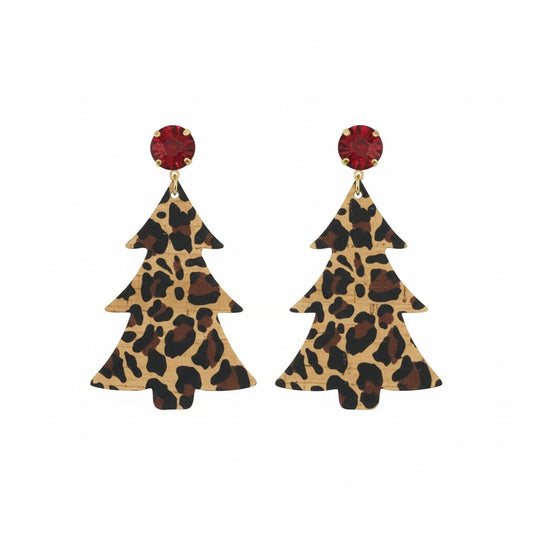 Scarlet Crystal & Cheetah Christmas Tree Drop Earrings