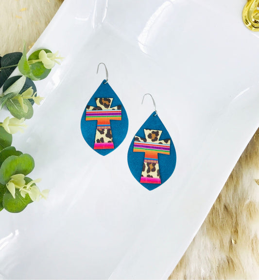 Turquoise Suede and Embossed Leopard Leather Earrings - E19-3711