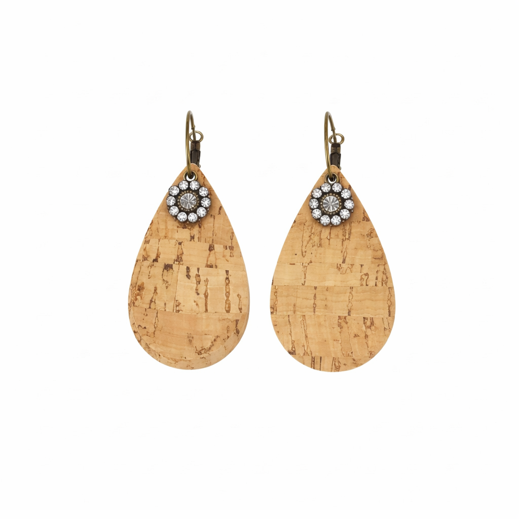 Natural Cork Rhinestone Hoop Earrings