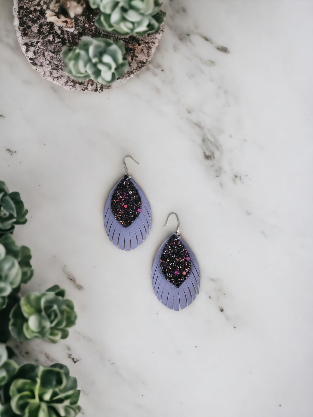 Lilac Genuine Leather and Glitter Earings - E19-371