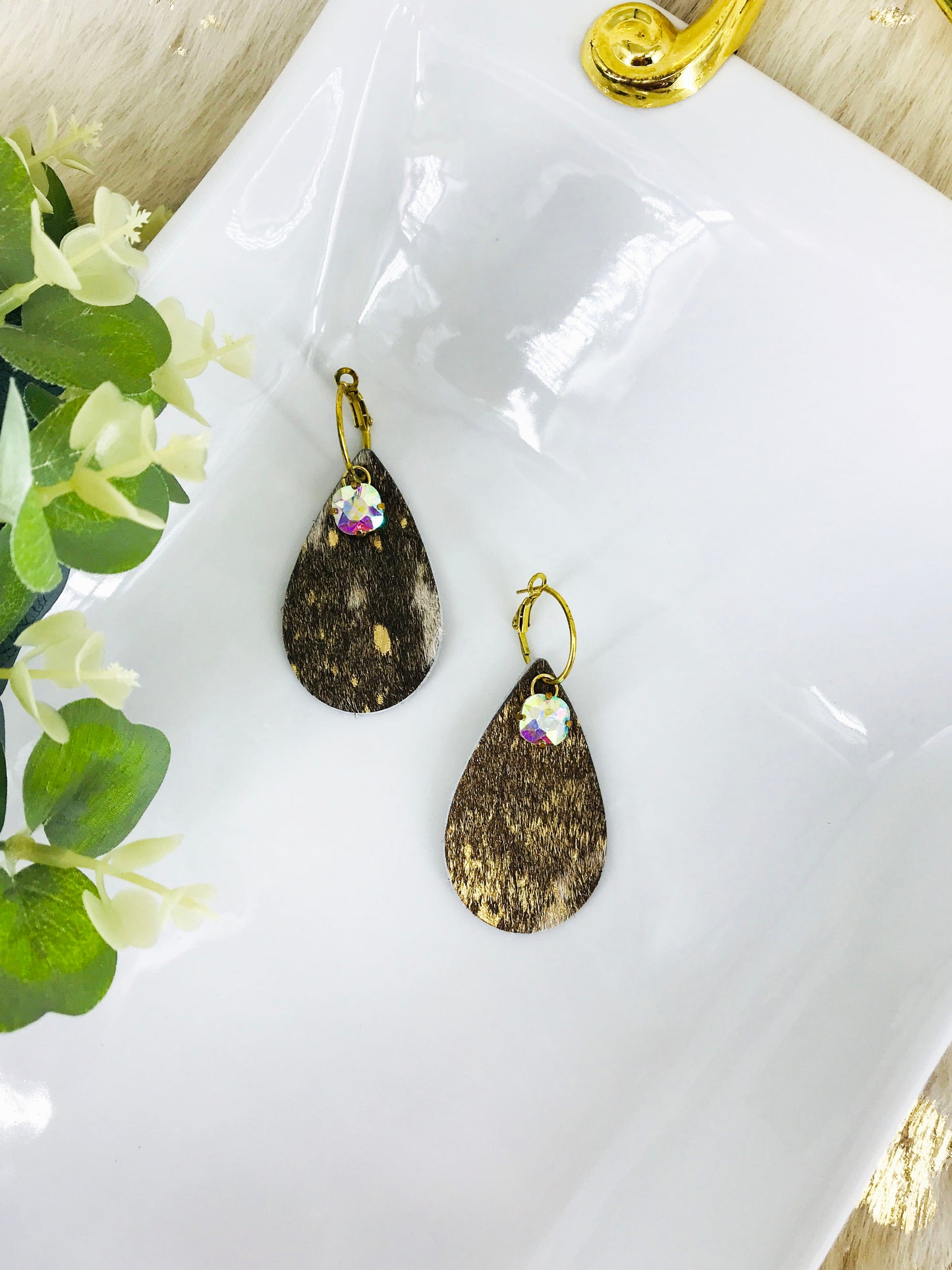 Genuine Leather & Rhinestone Hoop Earrings - E19-3734