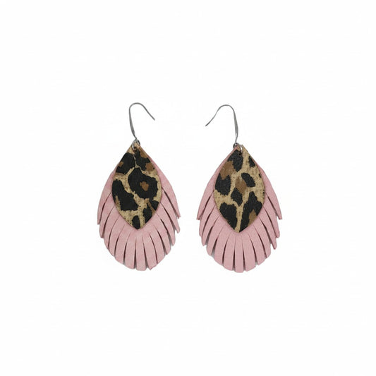 Pink and Cheetah Fringe Leather Earrings
