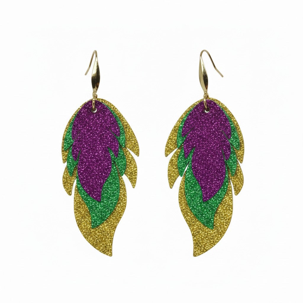 Mardi Gras Feather Fine Glitter Earrings