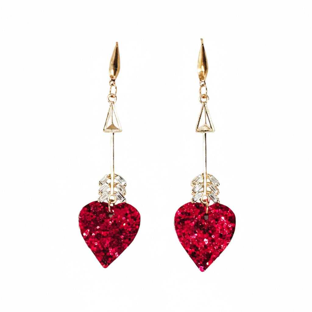Cupid’s Spark Arrow Drop Heart Earrings