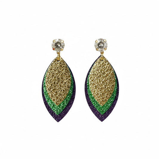 Crystal Clear & Mardi Gras Layered Leather Drop Earrings